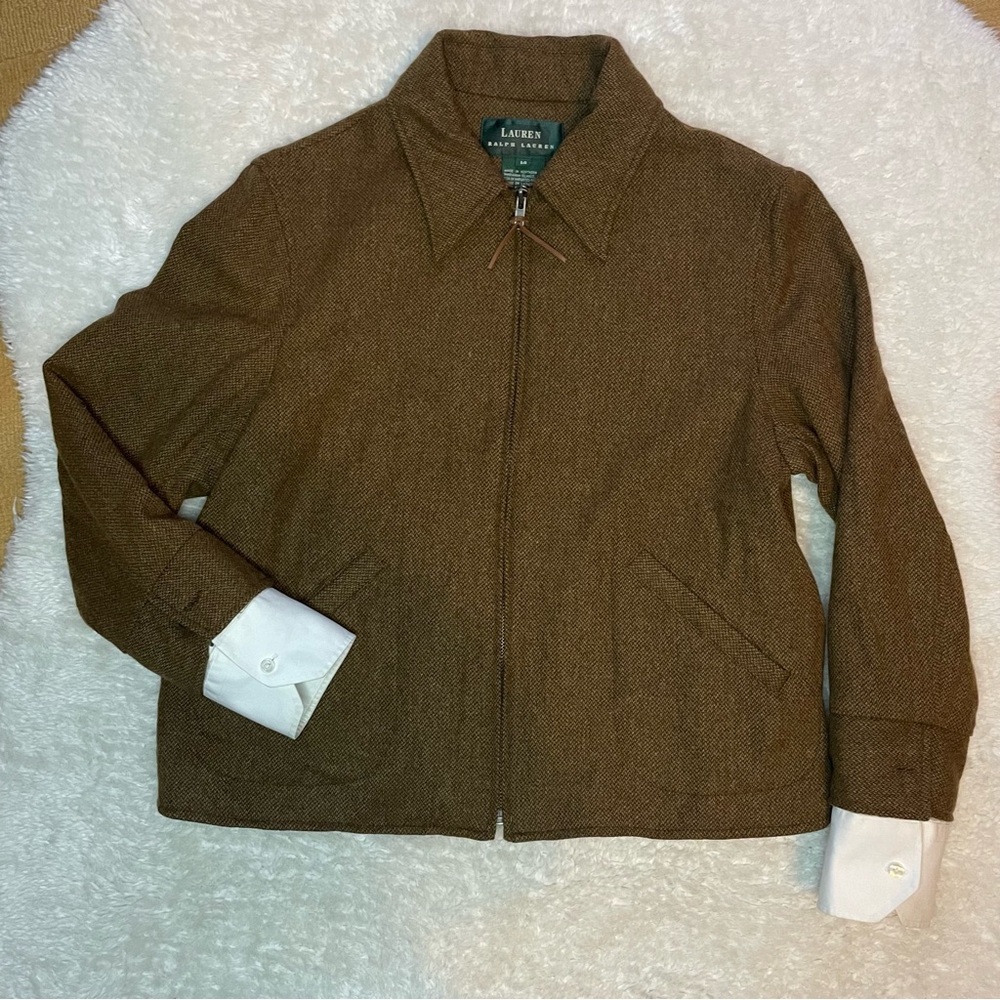 Ralph Lauren brown lambswool tweed full zip collared jacket
